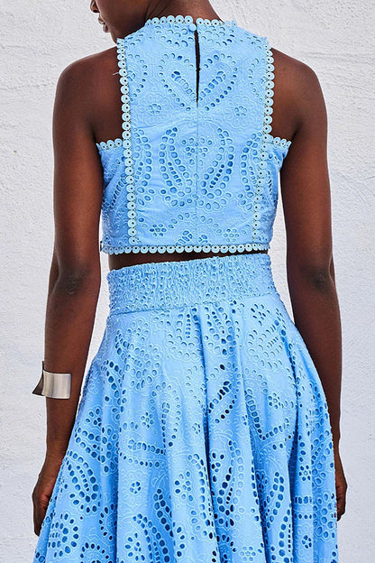 Set Due Pezzi con Ricami e Gonna Lunga a Vita Alta con Tasche